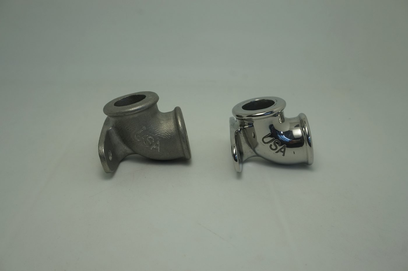 Real stainless steel fitting with dull rough surface compared with bright polished finish